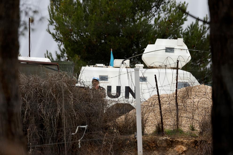 PHOTO: A United Nations Interim Forces in Lebanon soldier stands guard at a base in the southern Lebanese village of Hula on Nov. 27, 2024, after a ceasefire between Israel and Hezbollah took effect early in the morning.