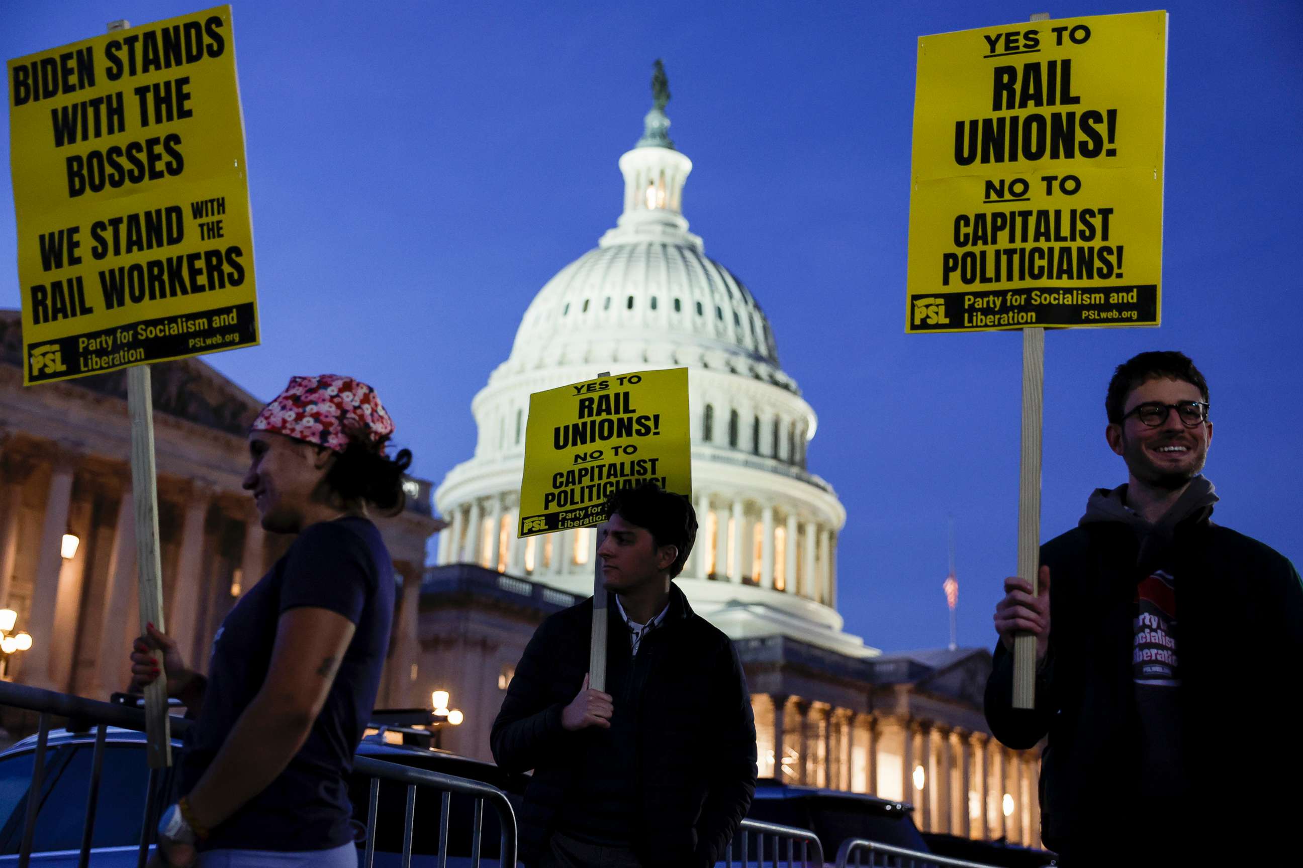 PHOTO: Activists in support of unionized rail workers protest outside the U.S. Capitol Building on Nov. 29, 2022 in Washington.