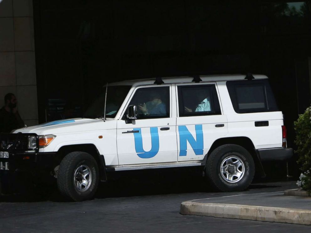 PHOTO: The United Nation vehicle carrying the Organisation for the Prohibition of Chemical Weapons inspectors is seen in Damascus, Syria on April 18, 2018.