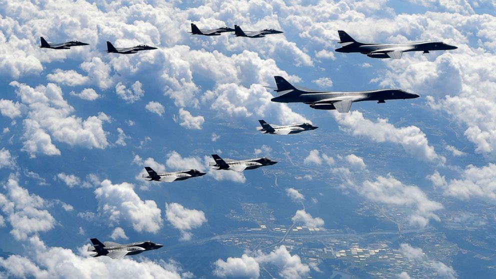 U.S. Air Force B-1B Lancer bombers flying with F-35B fighter jets and South Korean Air Force F-15K fighter jets during a training at the Pilsung Firing Range, Sept. 18, 2017 in Gangwon-do, South Korea.