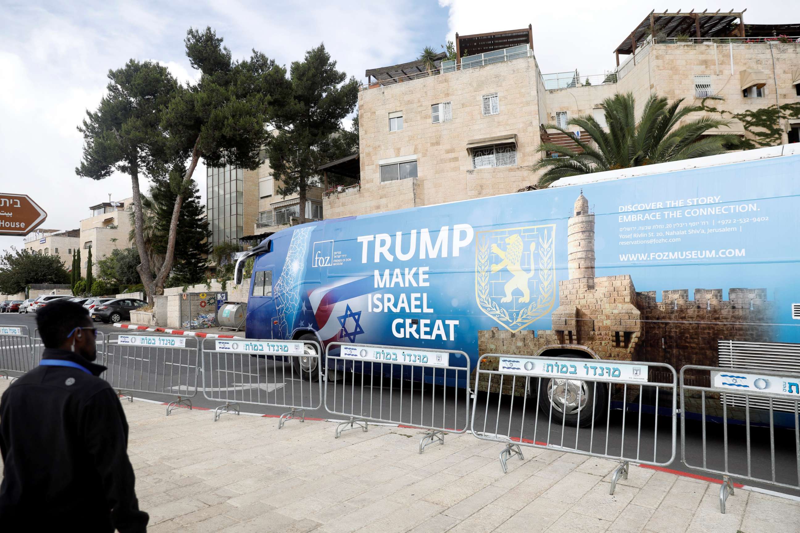 PHOTO: A bus decorated with Israeli and U.S. flags and a message welcoming the move of the U.S. embassy to Jerusalem is seen near the location of the new U.S. embassy in Jerusalem, May 13, 2018.