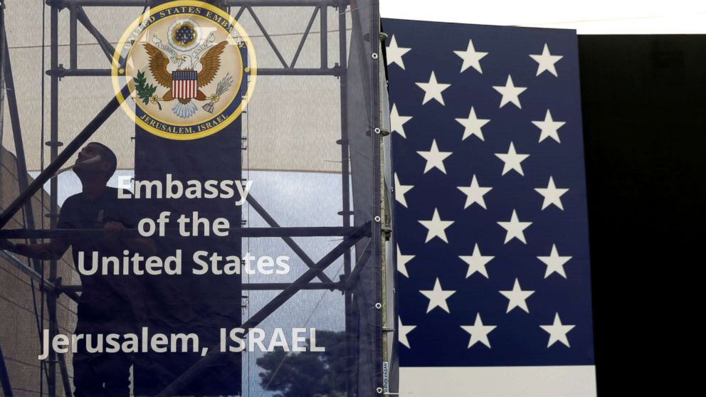 PHOTO: A worker is seen inside the new U.S. embassy compound during preparations for its opening ceremony, in Jerusalem, May 13, 2018.
