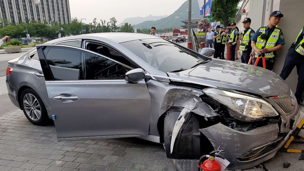 A sedan crashed into the main entrance of the U.S. embassy in Seoul, June 7, 2018.