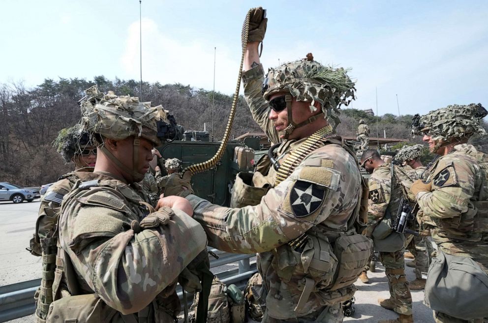 PHOTO: U.S. Army soldiers prepare to participate in a combined live fire exercise between South Korea and the United States at Rodriguez Live Fire Complex in Pocheon, South Korea, Wednesday, March 22, 2023.
