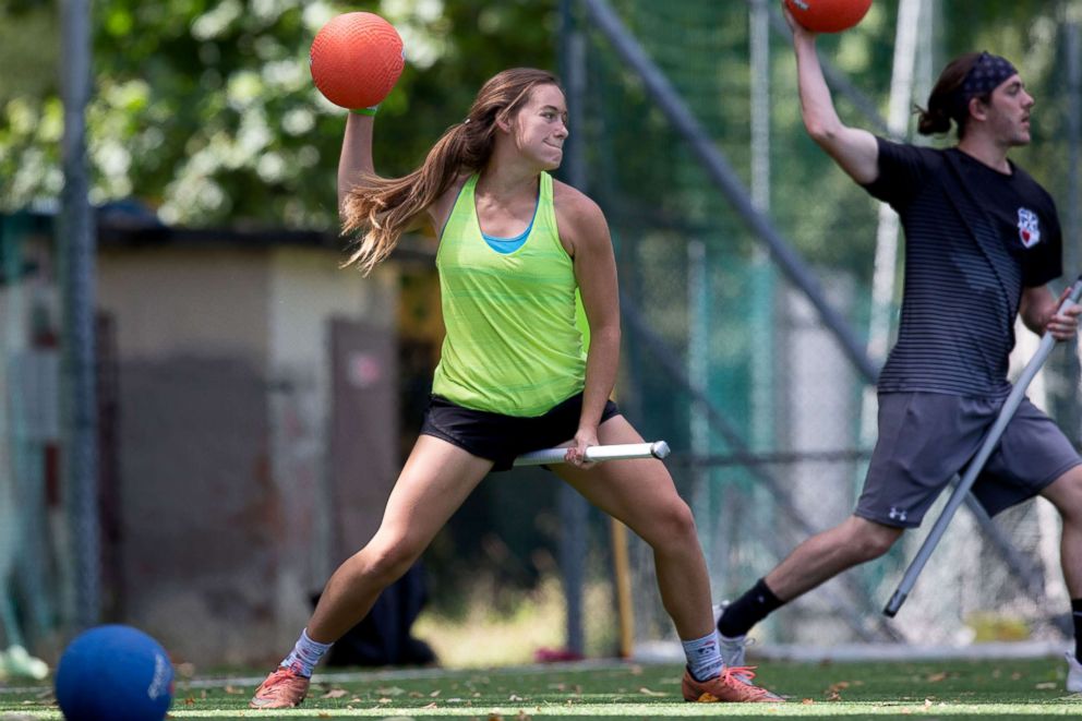 PHOTO: US Quidditch beaters Hallie Pace and Jackson Johnson practice in Florence, Italy, June 26, 2018.