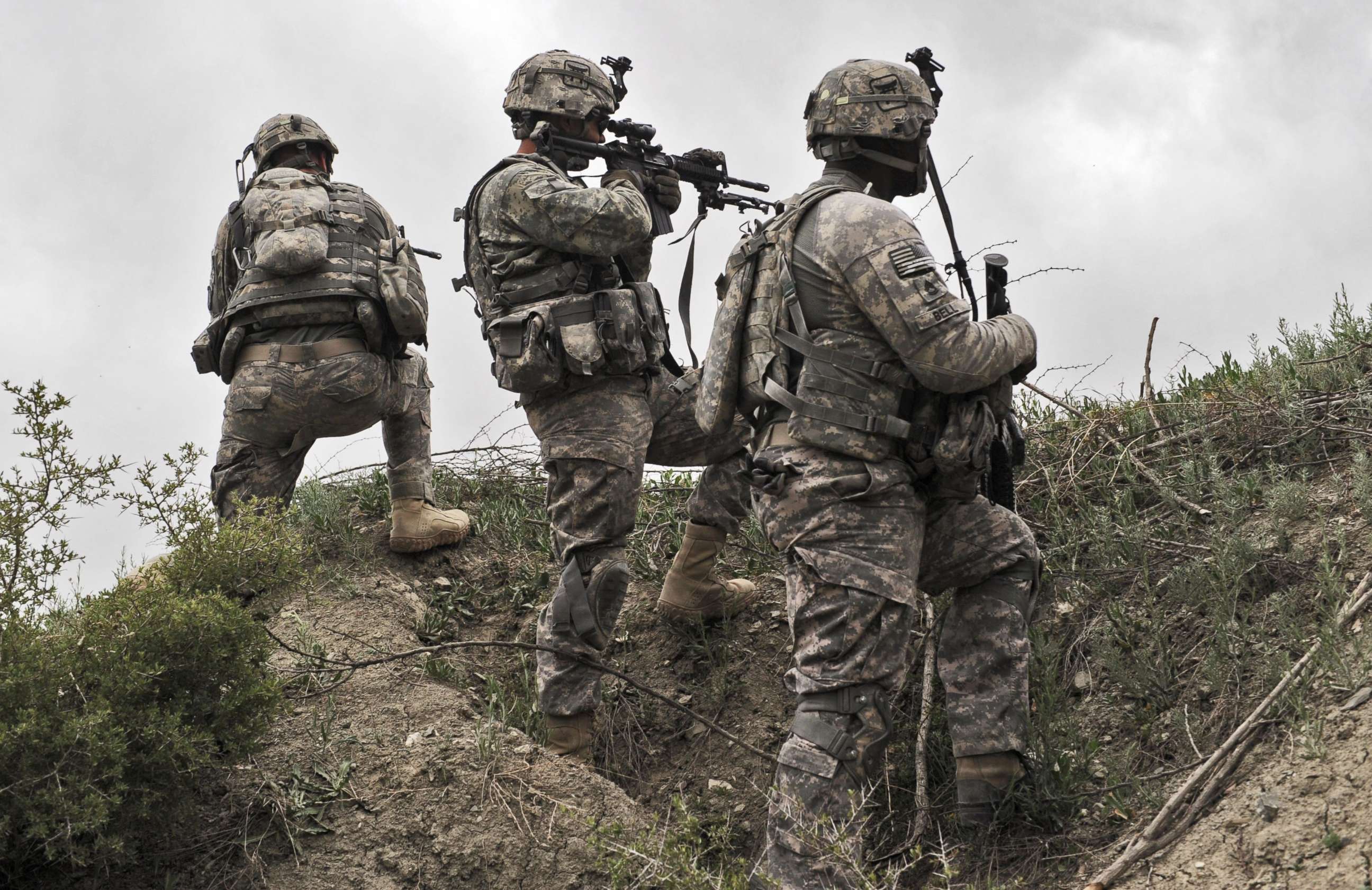 PHOTO: U.S. soldiers take position during a patrol in Ibrahim Khel village of Khost province in Afghanistan on April 11, 2010. 