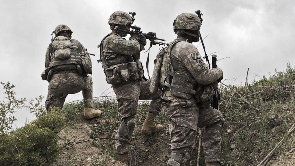 PHOTO: U.S. soldiers take position during a patrol in Ibrahim Khel village of Khost province in Afghanistan on April 11, 2010. 