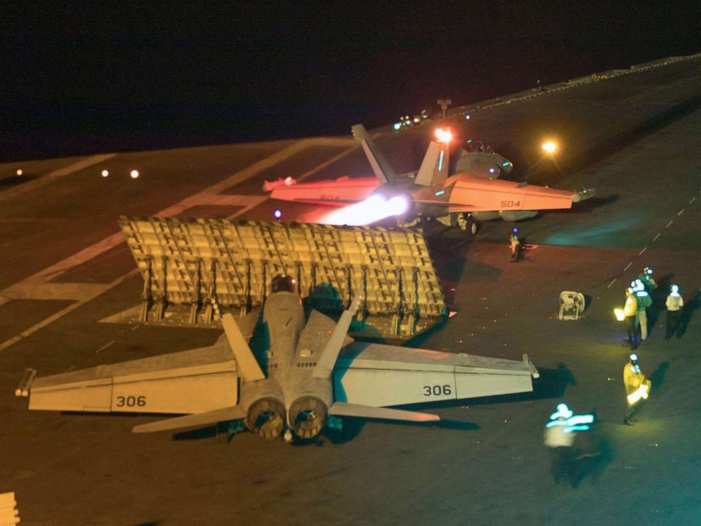 A handout photo made available by the US Navy showing a US F/A-18E Super Hornet from the 'Sidewinders' of Strike Fighter Squadron 86 launced from the flight deck of the Nimitz-class aircraft carrier USS Abraham Lincoln in the Red Sea on May 10, 2019.