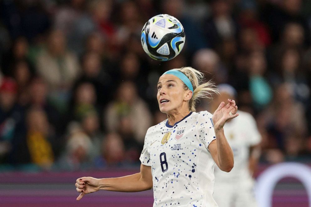 PHOTO: United States' Julie Ertz heads the ball during the Women's World Cup round of 16 soccer match between Sweden and the United States in Melbourne, Australia, Sunday, Aug. 6, 2023.