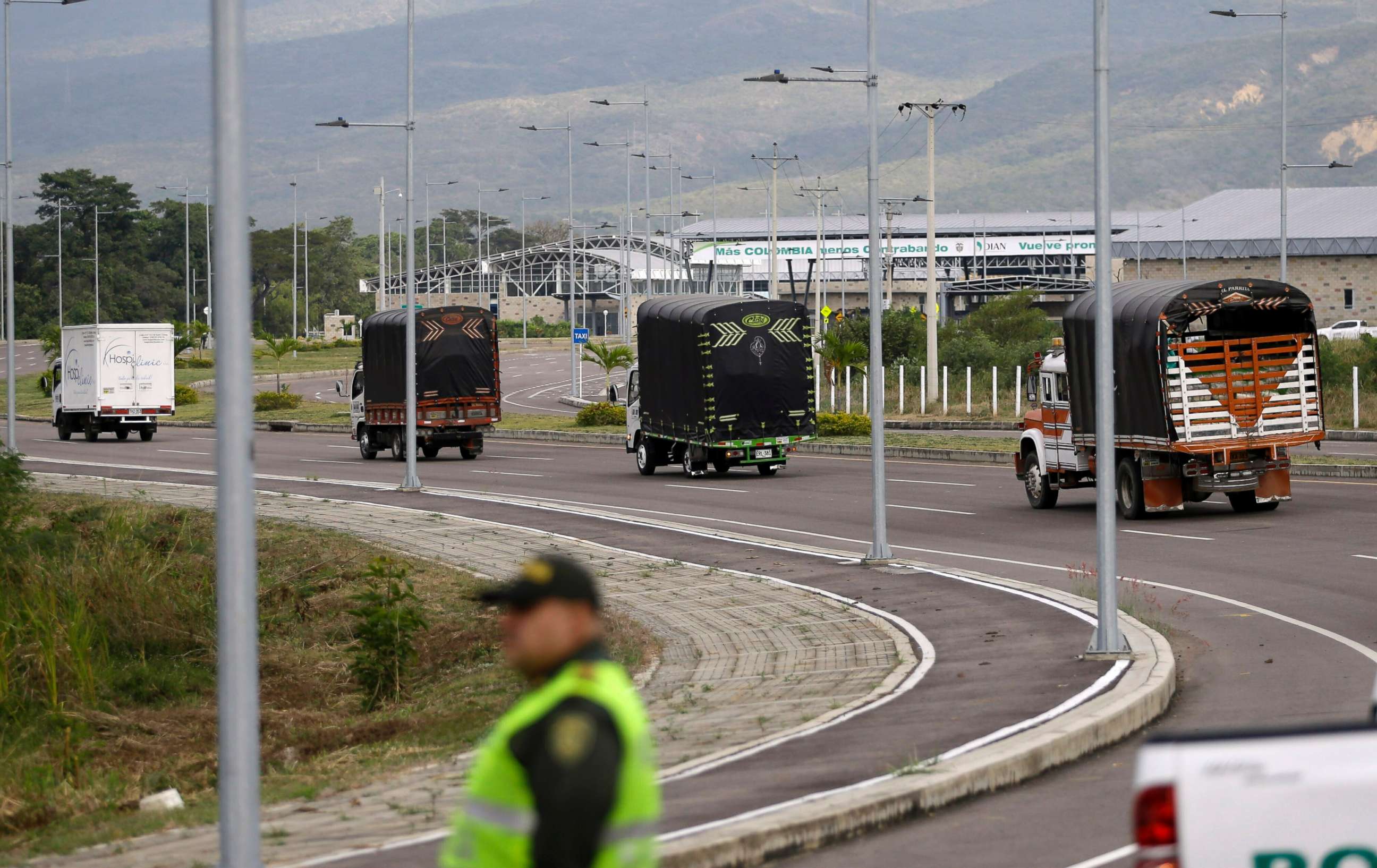 PHOTO: Cargo trucks containing humanitarian aid from the U.S for Venezuela arrive at the International Bridge Tienditas, near Cucuta, Colombia, on the border with Venezuela, Feb. 7, 2019.