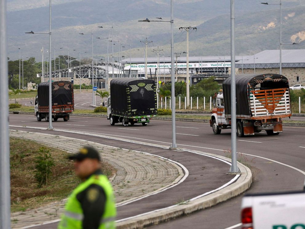 PHOTO: Cargo trucks containing humanitarian aid from the U.S for Venezuela arrive at the International Bridge Tienditas, near Cucuta, Colombia, on the border with Venezuela, Feb. 7, 2019.