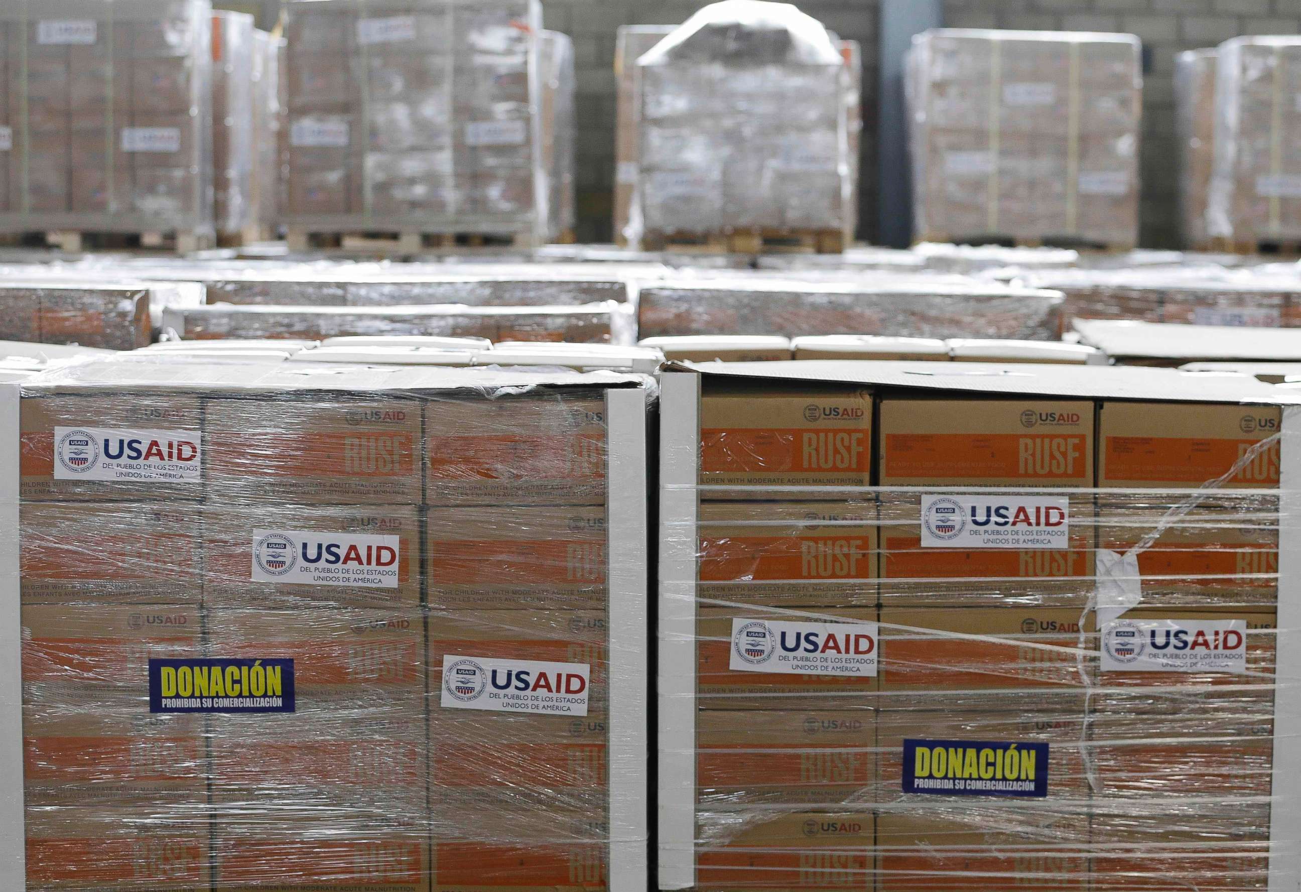 PHOTO: USAID humanitarian aid is stored at a warehouse next to the Tienditas International Bridge on the outskirts of Cucuta, Colombia, on the border with Venezuela, Feb. 19, 2019.