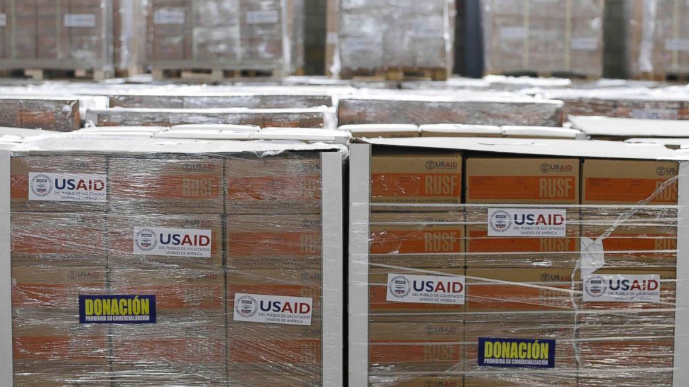 USAID humanitarian aid is stored at a warehouse next to the Tienditas International Bridge on the outskirts of Cucuta, Colombia, on the border with Venezuela, Feb. 19, 2019. The U.S. military airlifted tons of humanitarian aid as part of an effort meant to undermine socialist President Nicolas Maduro and back his rival for the leadership of the South American nation.