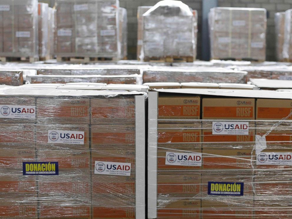 PHOTO: USAID humanitarian aid is stored at a warehouse next to the Tienditas International Bridge on the outskirts of Cucuta, Colombia, on the border with Venezuela, Feb. 19, 2019.