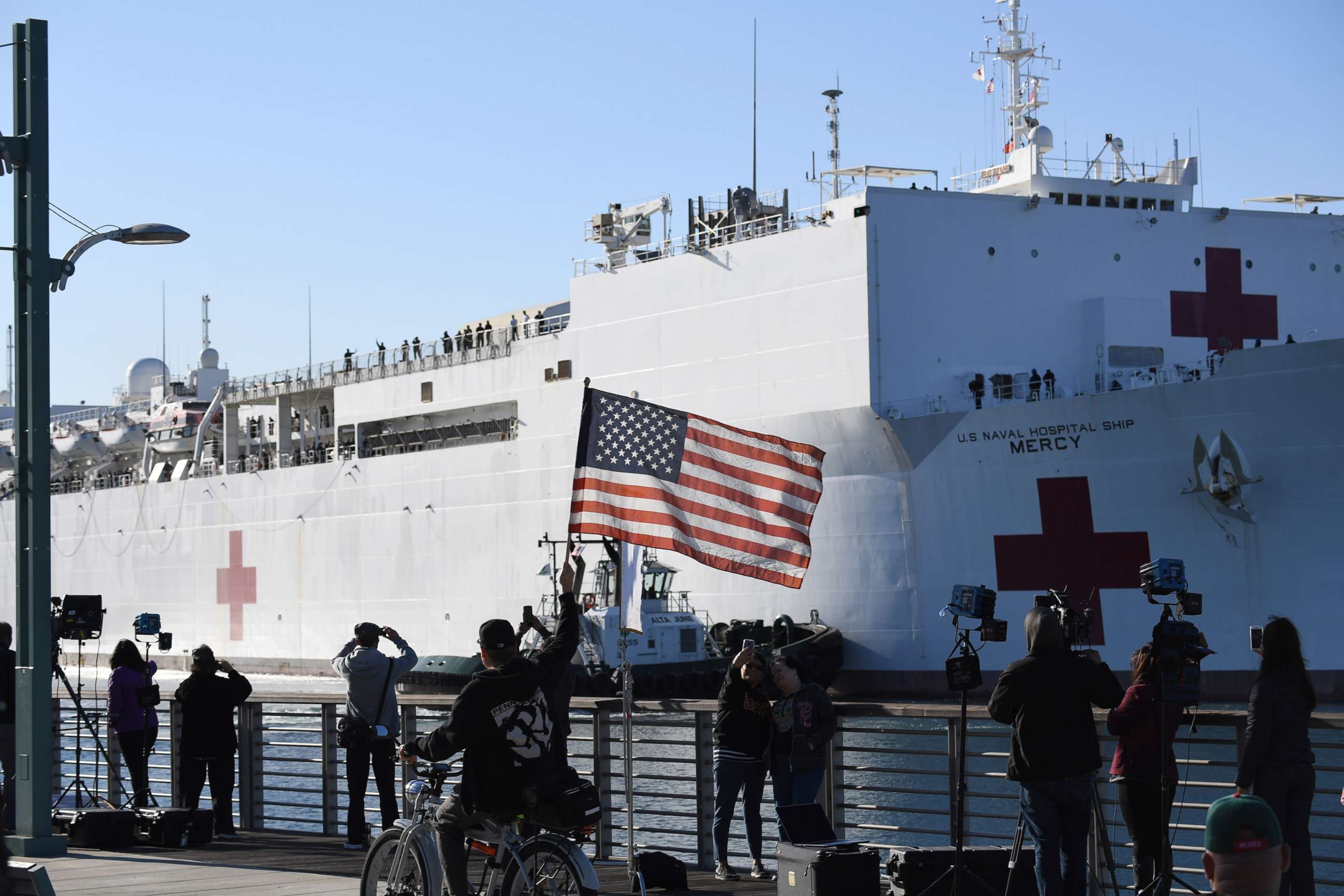PHOTO: The U.S. Navy hospital ship Mercy arrives at the Port of Los Angeles, March 27, 2020, to help local hospitals amid the growing coronavirus crisis, in Los Angeles, Calif.