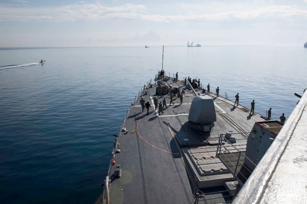 PHOTO: Sailors man the rails aboard the Arleigh Burke-class guided-missile destroyer USS Donald Cook (DDG 75) as the ship departs Larnaca, Cyprus, April 9, 2018.