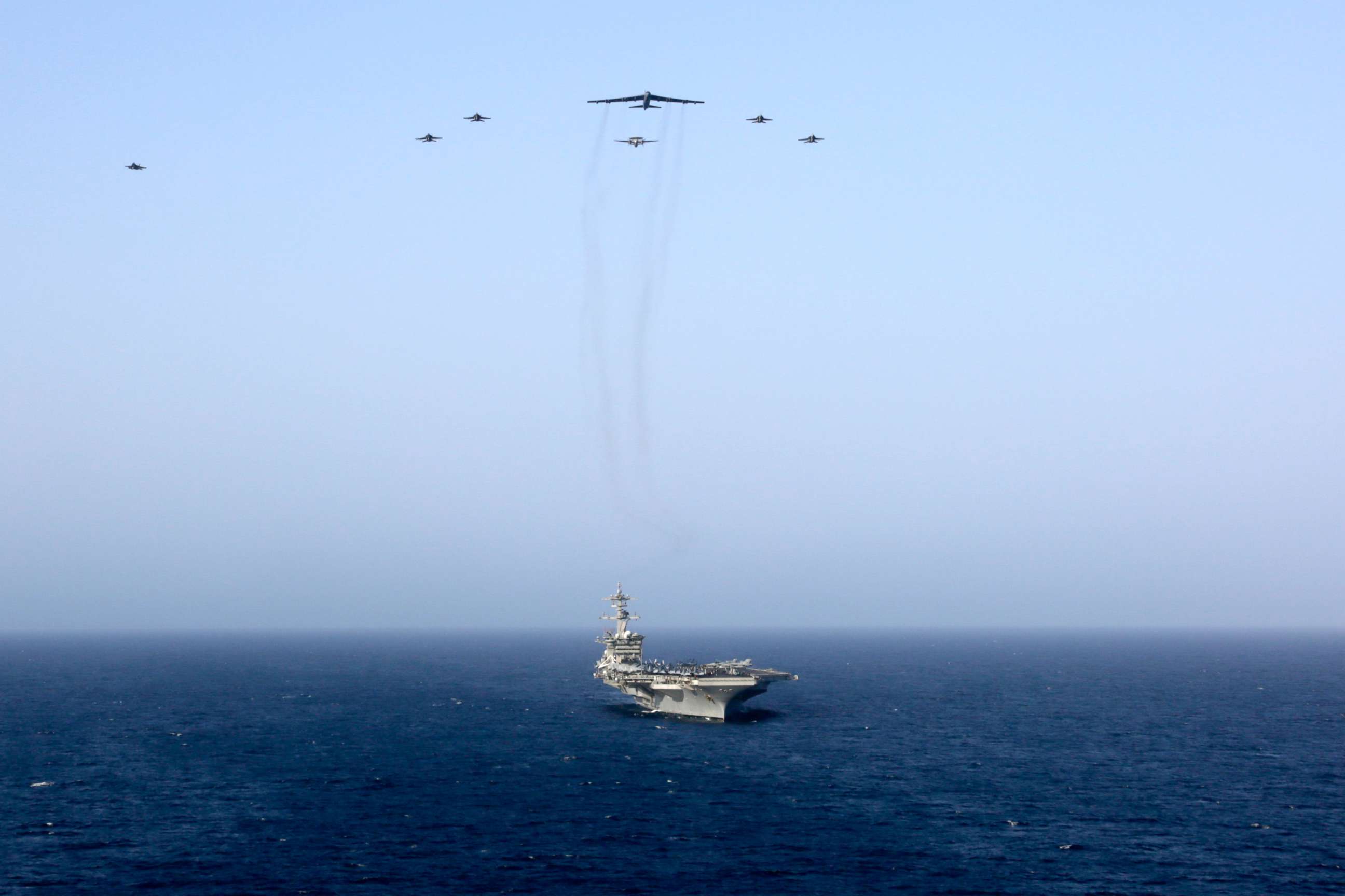 PHOTO:Abraham Lincoln Carrier Strike Group and a U.S. Air Force B-52H Stratofortress conduct joint exercises in the U.S. Central Command area of responsibility.