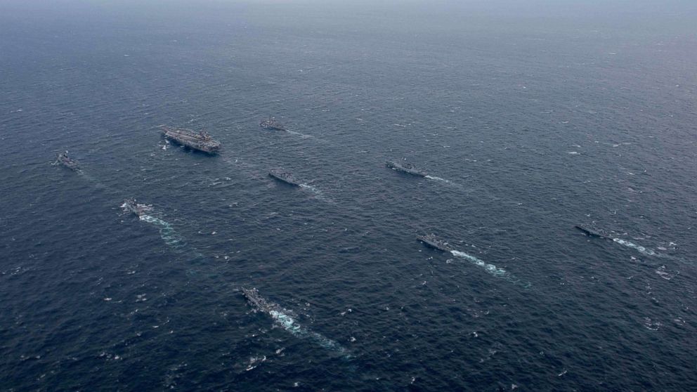 The aircraft carrier USS Ronald Reagan and the Arleigh Burke-class destroyer USS Stethem are underway alongside ships from the Republic of Korea navy. 