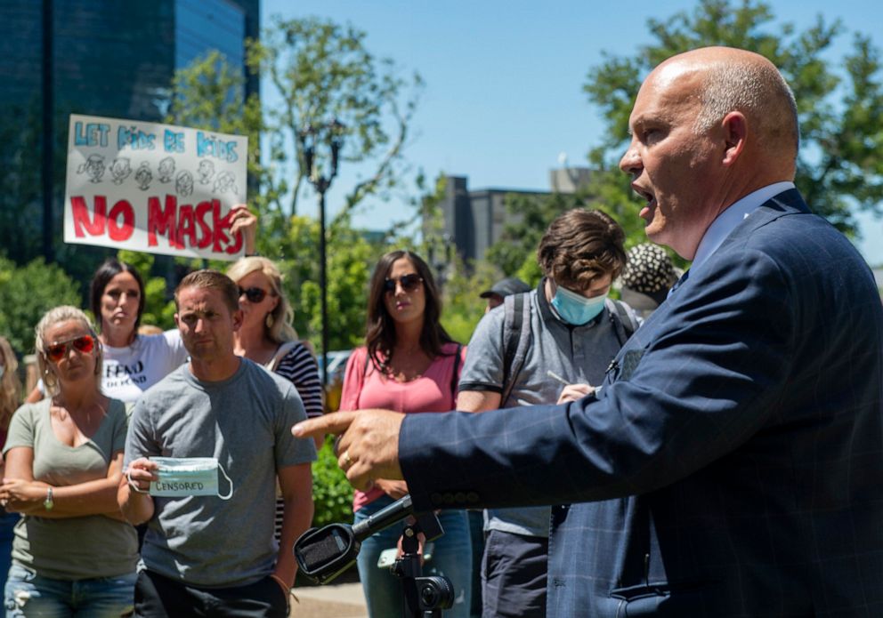 PHOTO: Commissioner Bill Lee speaks during a rally protesting face masks being required in schools, before the Utah County Commission meeting in Provo, Utah, July 15, 2020.