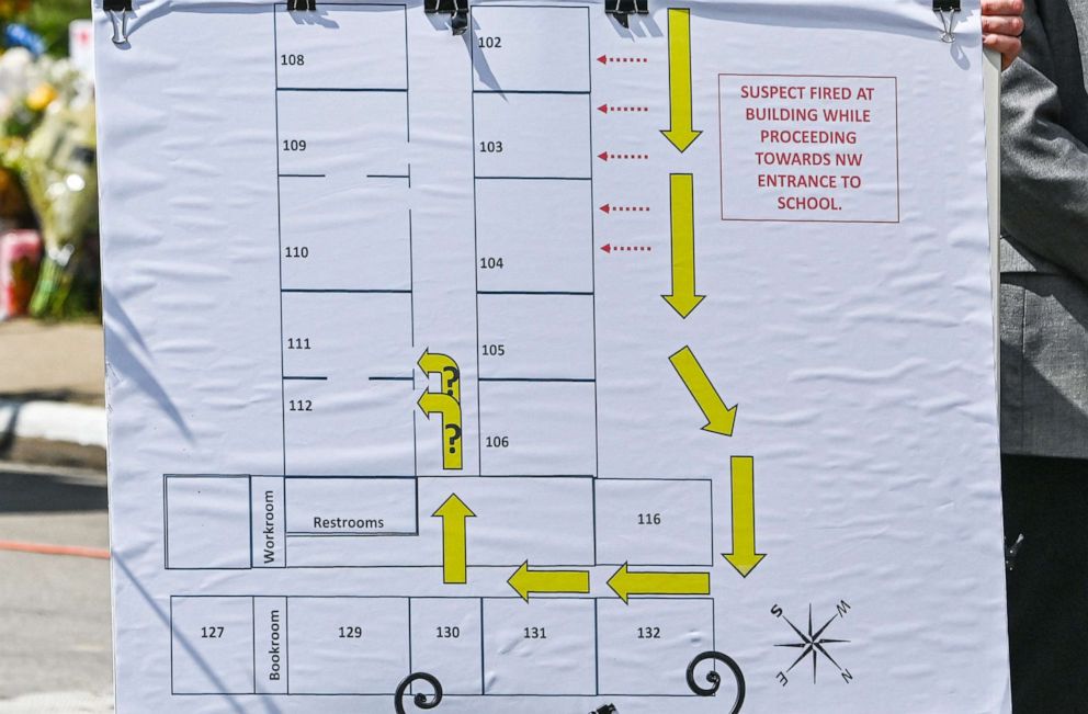 PHOTO: A crime scene outline of the Robb Elementary School is presented showing the path of the gunman as the Director and Colonel of the Texas Department of Public Safety Steven C. McCraw speaks at a press conference in Uvalde, Texas, on May 27, 2022.