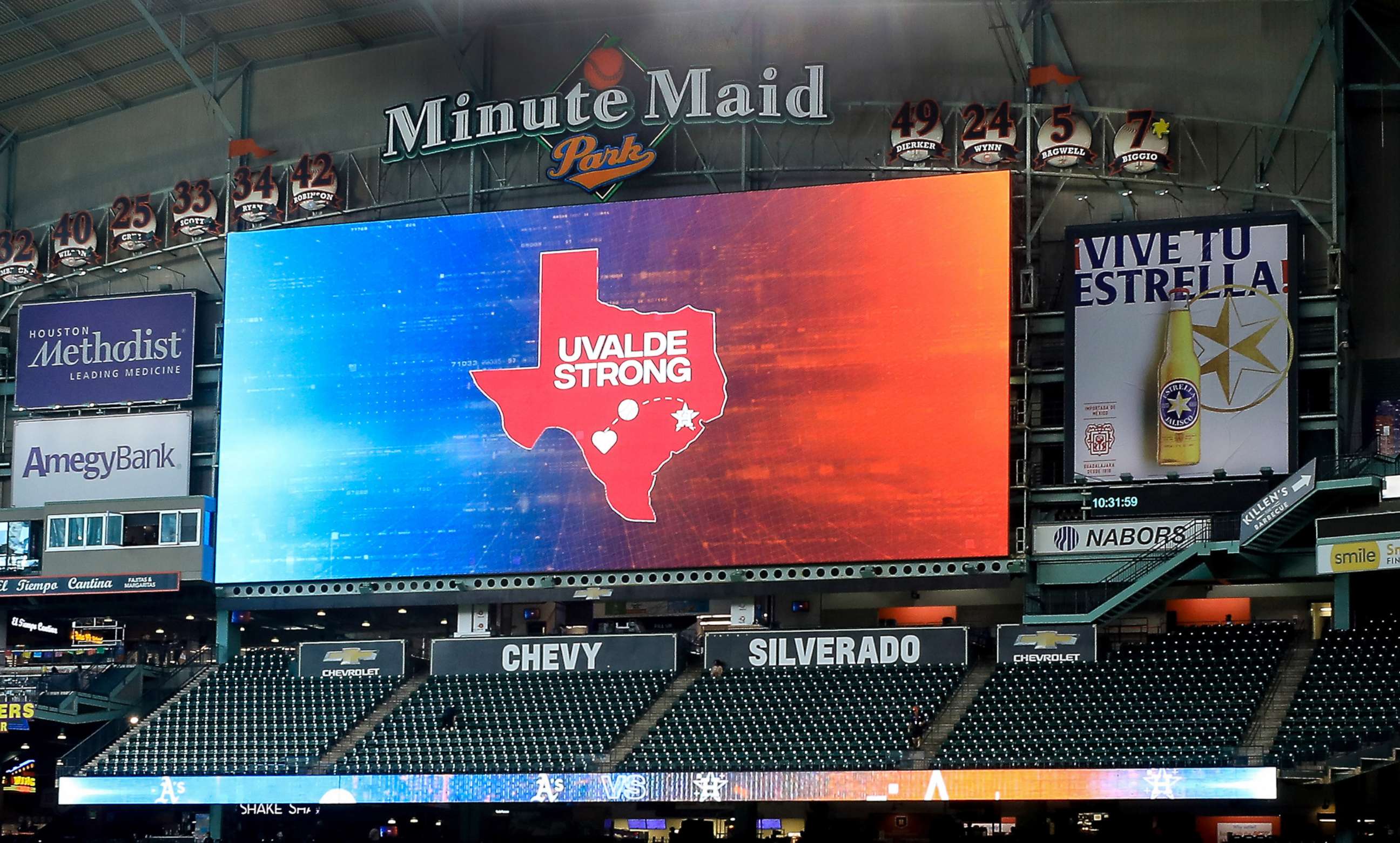 PHOTO: Members of the community of Uvalde, Texas attend the game as the Houston Astros host Uvalde Strong Day before the game against the Oakland Athletics at Minute Maid Park in Houston, Aug. 14, 2022.