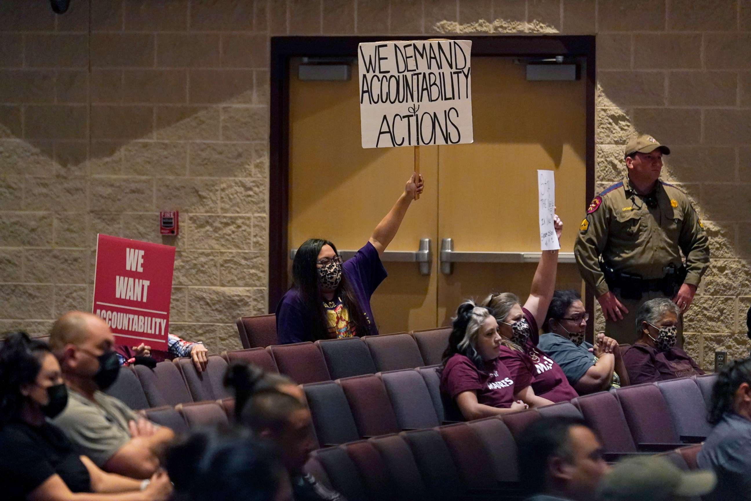 PHOTO: Parents, students and families attend a meeting of the Board of Trustees in Uvalde, Texas, Aug. 24, 2022.