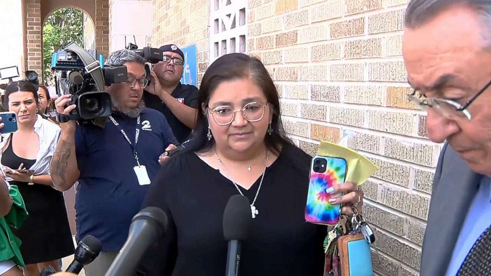 PHOTO: Principal Mandy Gutierrez speaks to reporters outside a committee hearing on Robb Elementary shooting investigation, Uvalde, Texas, June 16, 2022.