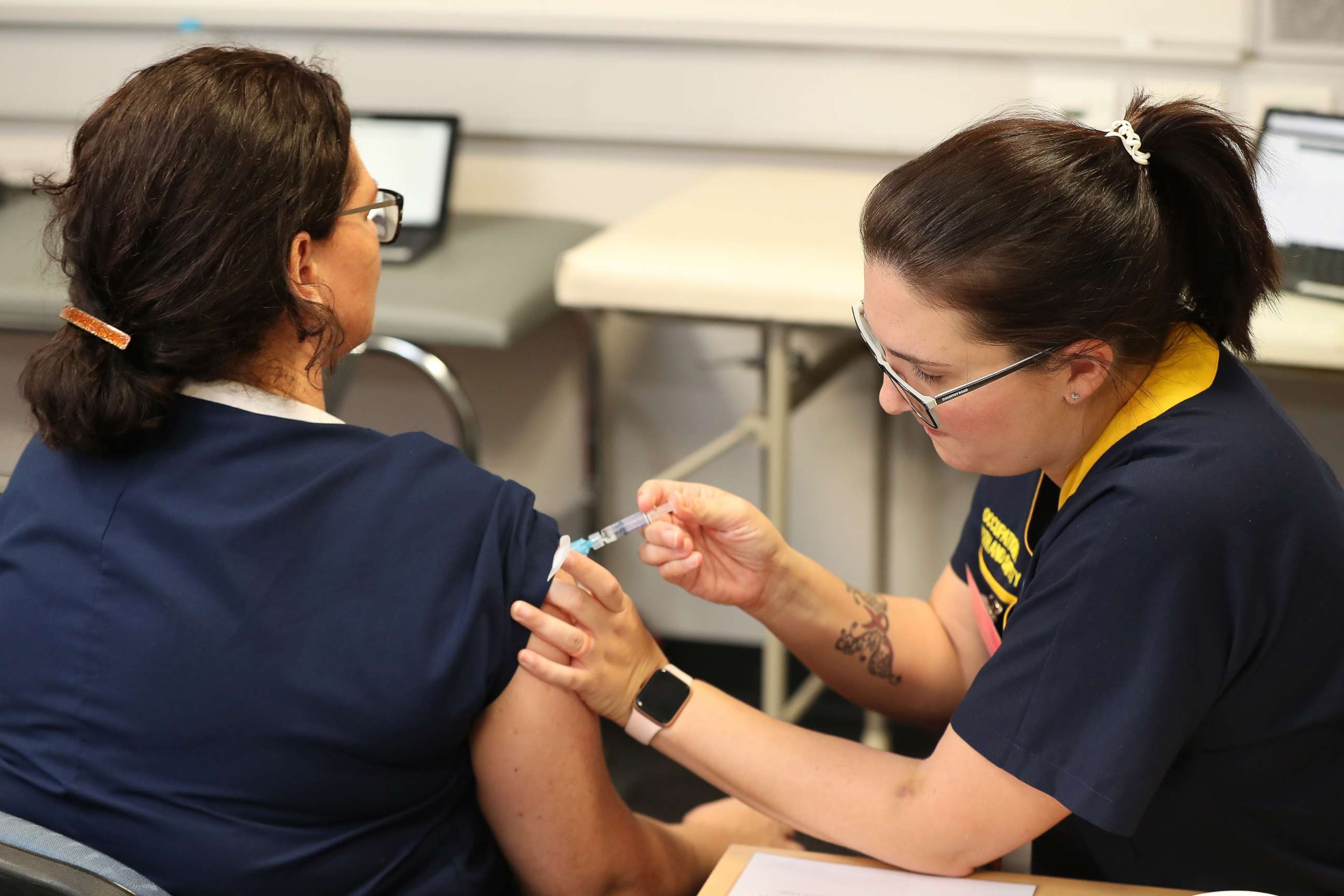 PHOTO: PERTH, AUSTRALIA - APRIL 20: Registered nurse Heather Hoppe receives a flu vaccination in the trial clinic at Sir Charles Gairdner hospital on April 20, 2020 in Perth, Australia.