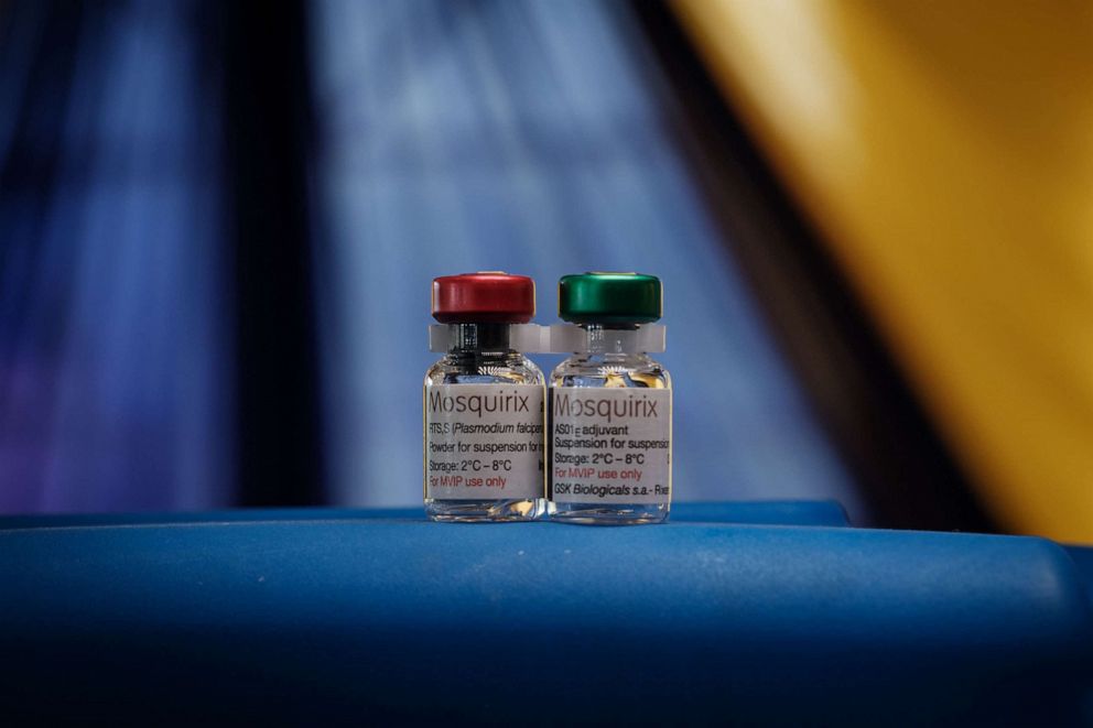 PHOTO: Malaria vaccine containers during the launch of the extension of the worlds first malaria vaccine pilot program for children at risk of malaria illness and death within Kenyas lake-endemic region at Kimogoi Dispensary in Gisambai, March 7, 2023.