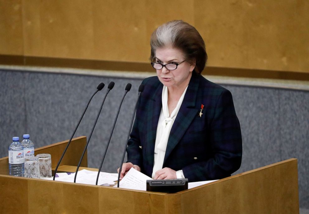 PHOTO: Valentina Tereshkova, member of Russia's lower house of parliament, also known as the State Duma, delivers a speech during a session to consider constitutional changes proposed by President Vladimir Putin in Moscow, Russia March 10, 2020.