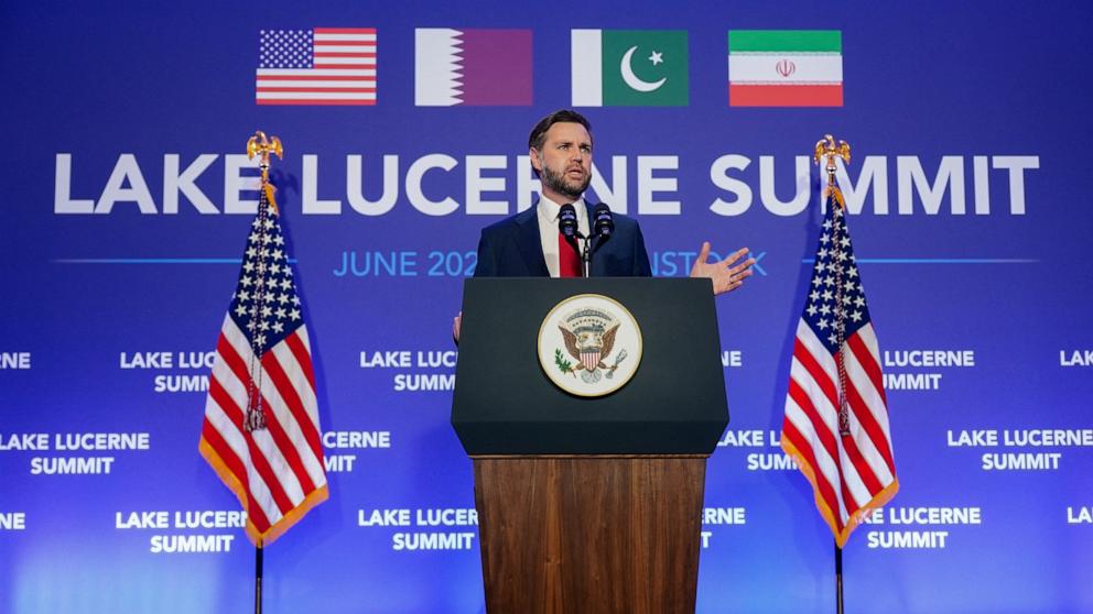 PHOTO: Vice President JD Vance speaks to members of the media before boarding Air Force Two, after the U.S. and Iran held high-level talks at the Lake Lucerne Summit, at Emmen Military Air Base, Emmen, Switzerland, June 22, 2026.