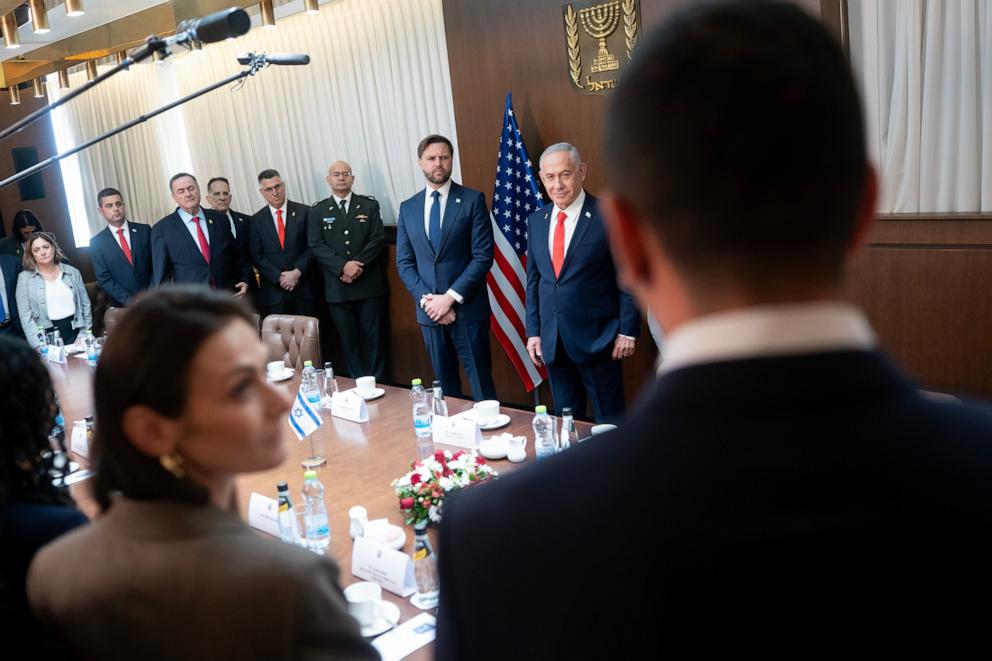 PHOTO: U.S. Vice President JD Vance and Israel's Prime Minister Benjamin Netanyahu speak with members of the media during a meeting at the Prime Minister's Office in Jerusalem, Israel on Wednesday, Oct. 22, 2025.