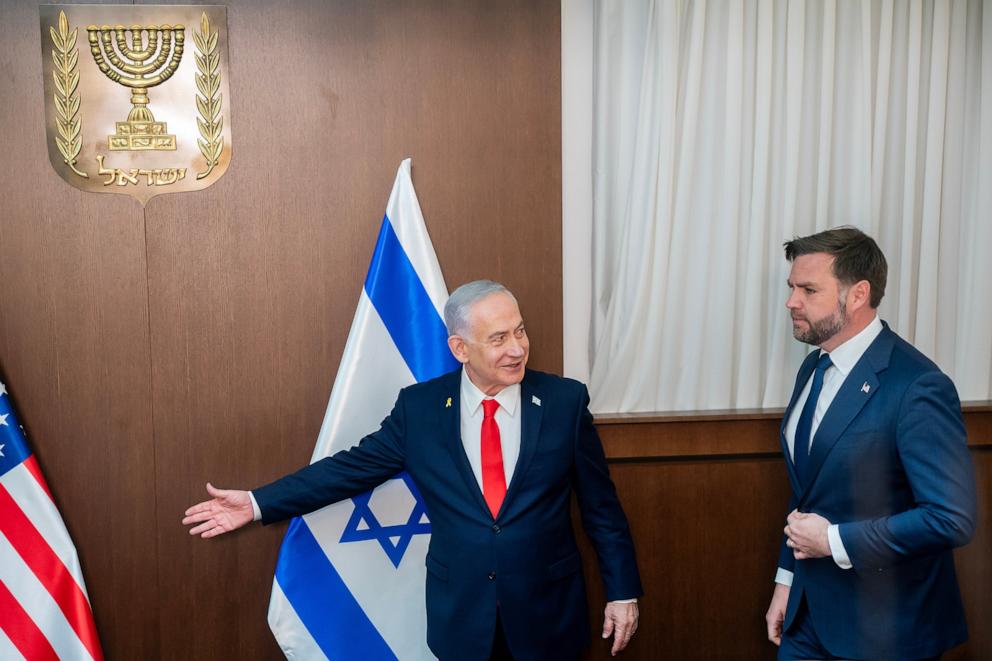 PHOTO: U.S. Vice President JD Vance, right, and Israel's Prime Minister Benjamin Netanyahu arrive ahead of a meeting at the Prime Minister's Office in Jerusalem, Israel on Wednesday, Oct. 22, 2025.
