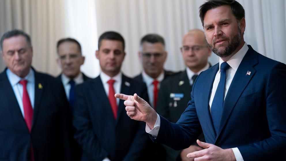 PHOTO: U.S. Vice President JD Vance, right, speaks during a meeting with Israel's Prime Minister Benjamin Netanyahu at the Prime Minister's Office in Jerusalem, Israel on Wednesday, Oct. 22, 2025.