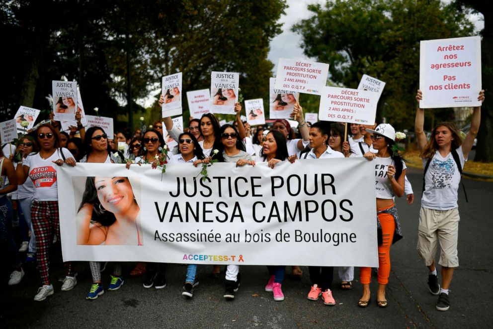 PHOTO: People take part in a march at the Bois de Boulogne in Paris, Aug. 24, 2018, in tribute to Vanesa Campos, a transgender prostitute.