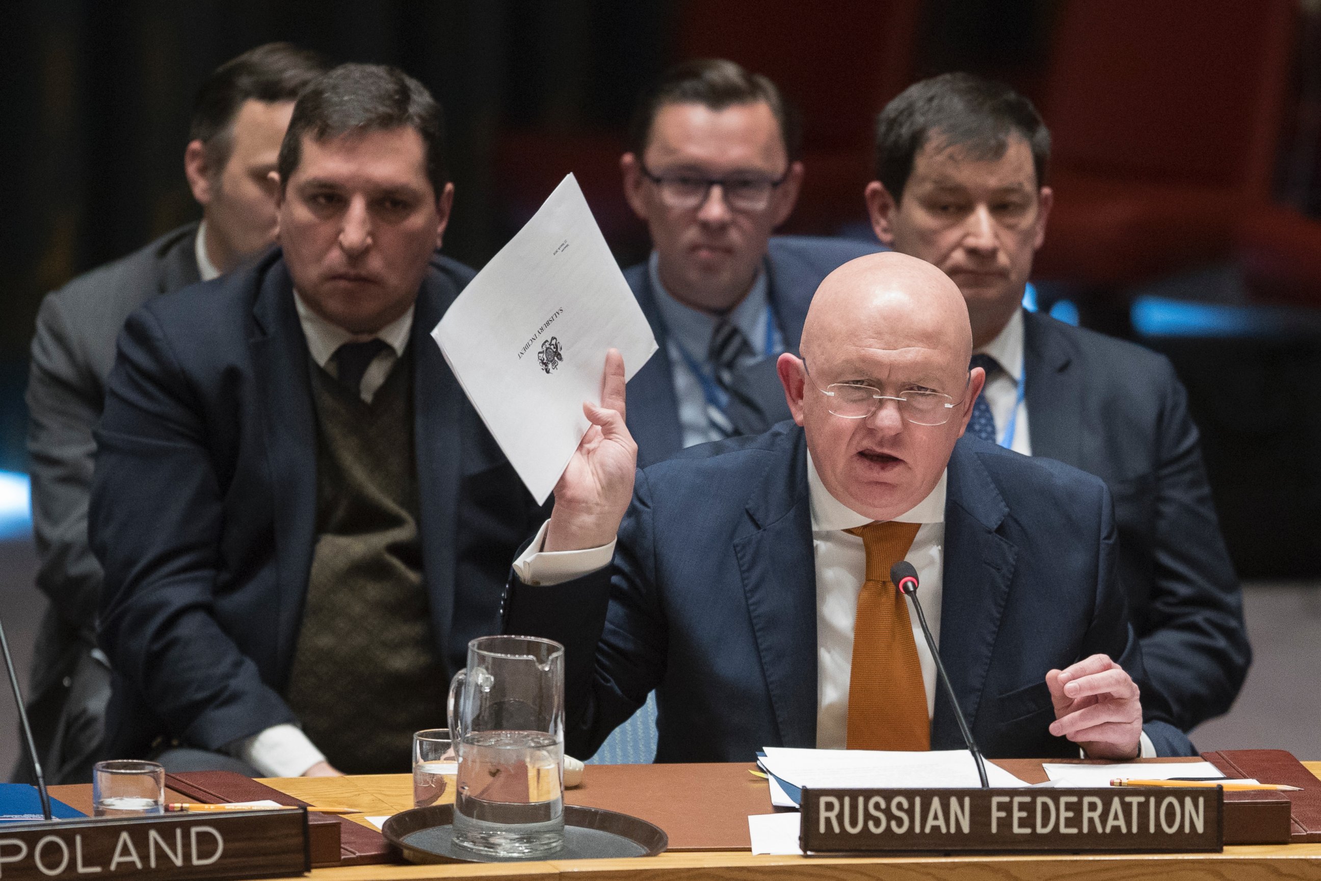 Russian Ambassador to the United Nations Vassily Nebenzia, seen here in a file photo from April 5, 2018 at United Nations headquarters, said no chemical weapons were used in Syria.