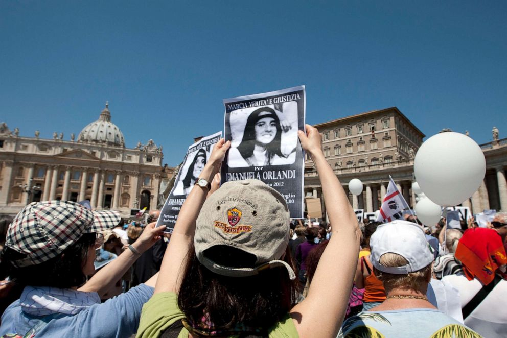 PHOTO: In this Sunday, May 27, 2012 file photo, people hold pictures of Emanuela Orlandi reading, "march for truth and justice for Emanuela" in St. Peter's square, at the Vatican.