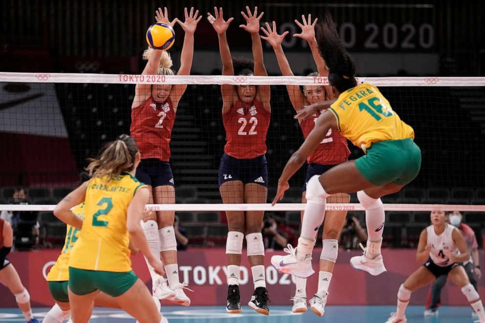 PHOTO: Brazil's Fernanda Rodrigues shoots while playing the United States during the gold medal match in women's volleyball at the 2020 Summer Olympics, Sunday, Aug. 8, 2021, in Tokyo, Japan.