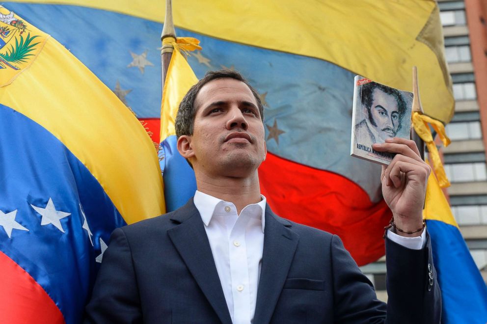 PHOTO: Venezuela's National Assembly head Juan Guaido declares himself the country's "acting president" during a mass opposition rally against leader Nicolas Maduro in Caracas, Jan. 23, 2019.