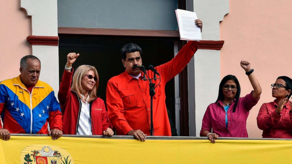 PHOTO: Venezuela's President Nicolas Maduro announces his is breaking off diplomatic ties with the United States during a gathering in Caracas on Jan. 23, 2019.