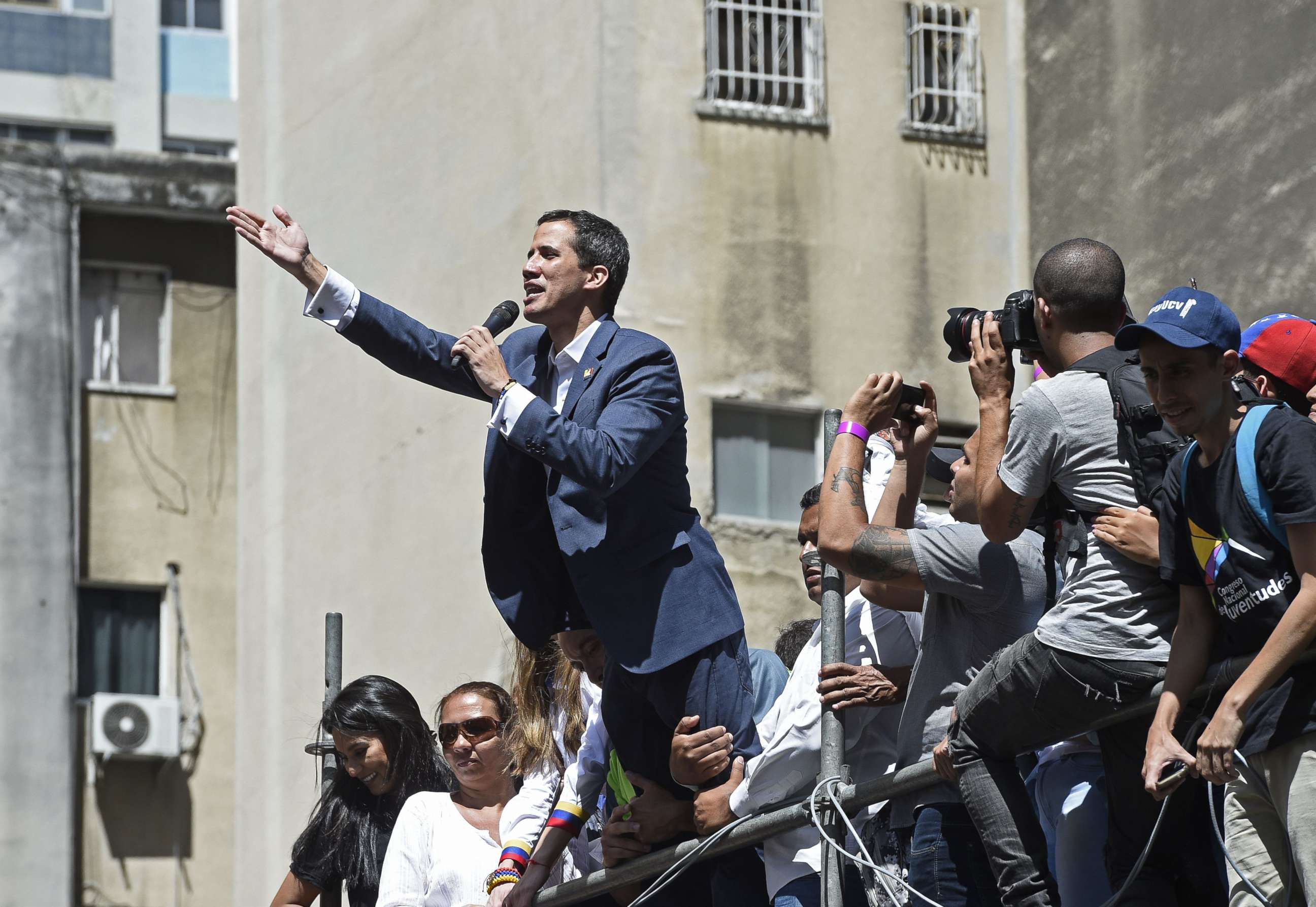 PHOTO: Venezuelan opposition leader and self-declared acting president Juan Guaido speaks during a rally to pressure the military to let in humanitarian aid, in eastern Caracas on Feb. 12, 2019.