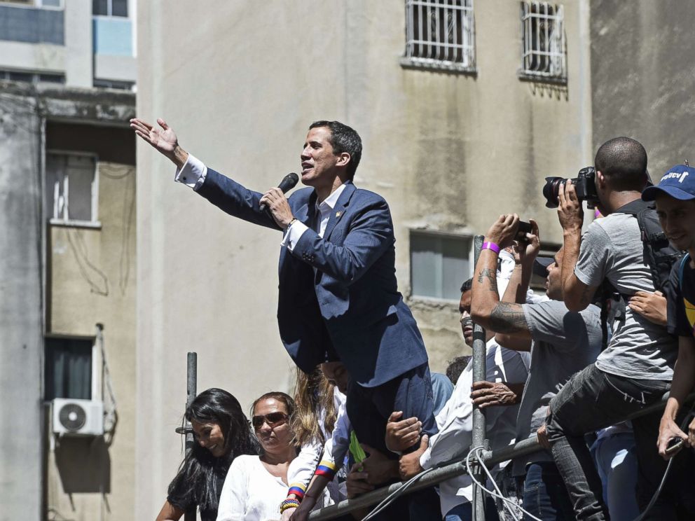 PHOTO: Venezuelan opposition leader and self-declared acting president Juan Guaido speaks during a rally to pressure the military to let in humanitarian aid, in eastern Caracas on Feb. 12, 2019.