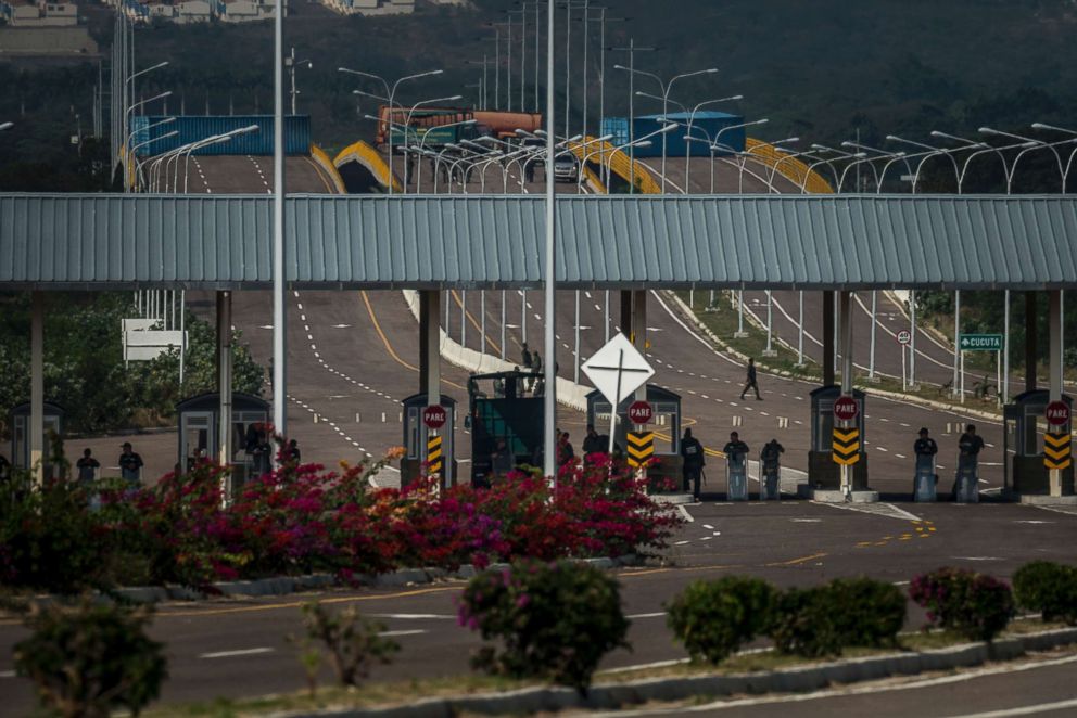 PHOTO: Venezuelan soldiers and shipping containers block the bridge leading to Cucuta, Colombia, Feb. 12, 2019.