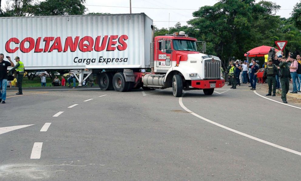 PHOTO: Trucks loaded with humanitarian aid for Venezuela drive to the Tienditas Bridge on the border between Cucuta, Colombia and Tachira, Venezuela, Feb. 7, 2019.
