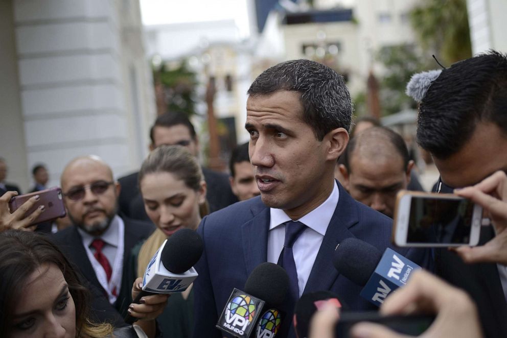 PHOTO: Venezuelan opposition leader and National Assembly Leader Juan Guaido speaks to the press as he arrives to National Assembly during the 208th anniversary of the Venezuelan Independence declaration on July 5, 2019 in Caracas, Venezuela.