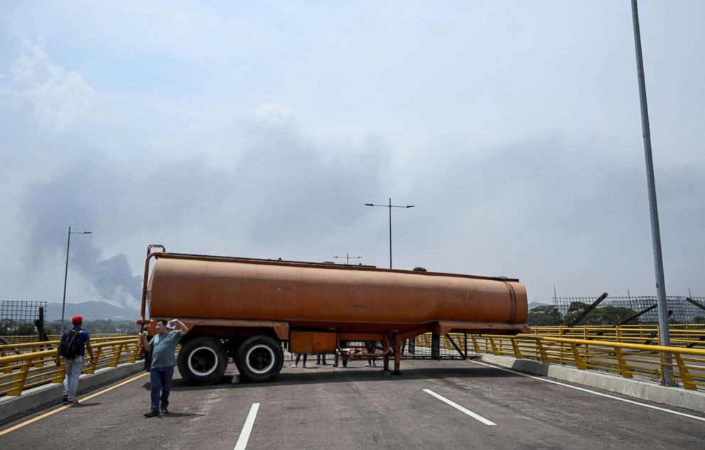 PHOTO: Containers block the Tienditas bridge in Urena, Venezuela, on the border with Colombia, Feb. 20, 2019.