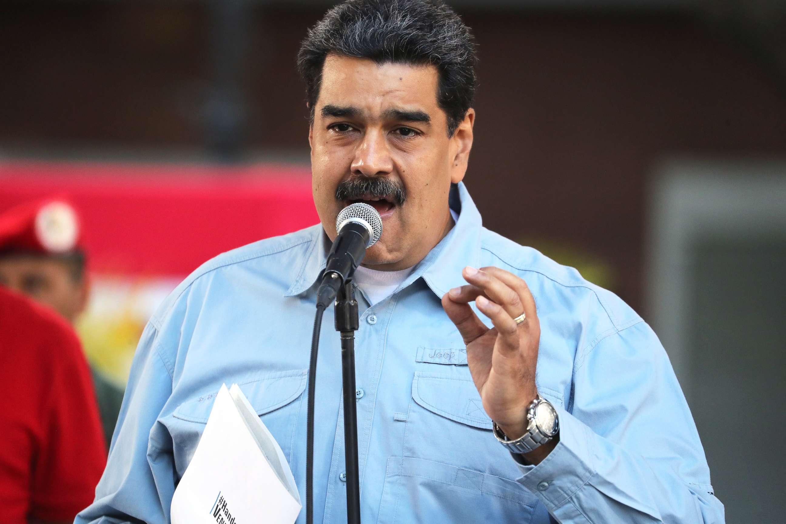 PHOTO: Venezuelan President Nicolas Maduro speaks during an event at Bolivar Square, in Caracas, Venezuela, Feb. 07, 2019.