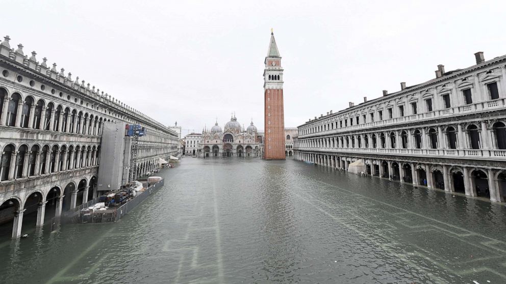 PHOTO: A general view of the flooded St. Mark's Square, as high tide reaches peak, in Venice, Italy, Nov. 15, 2019.