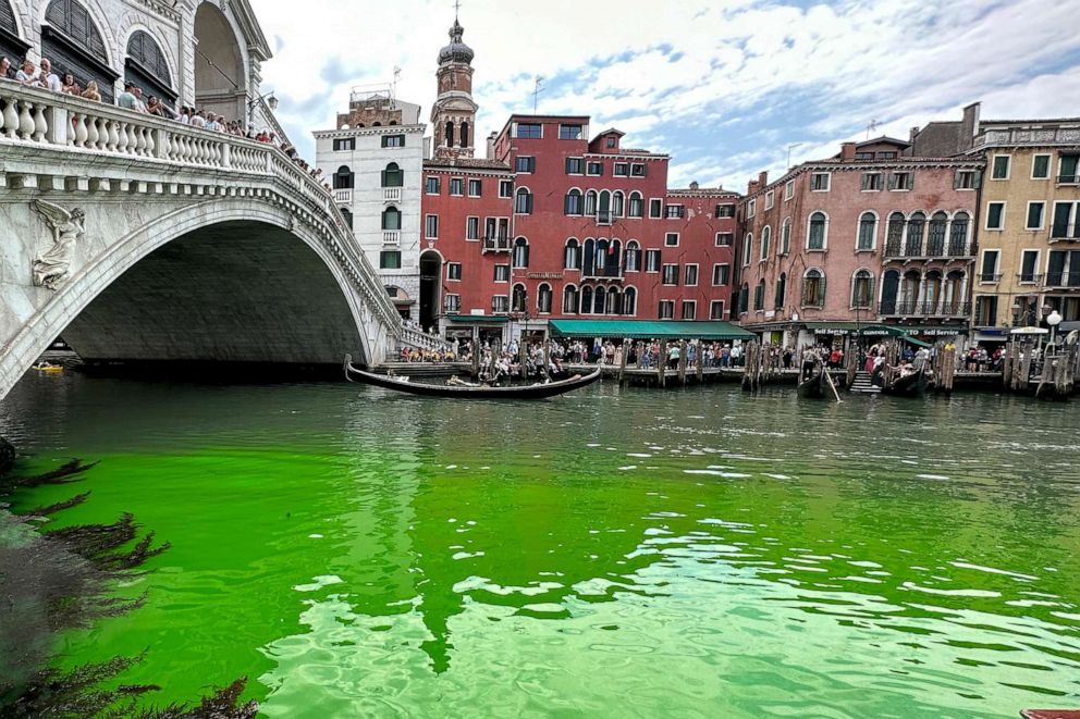 PHOTO: Gondolas navigate by the Rialto Bridge on Venice's historical Grand Canal as a patch of phosphorescent green liquid spreads in it, May 28, 2023, in Venice, Italy.