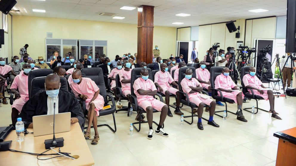 PHOTO: A general view shows 20 co-accused, excluding "Hotel Rwanda" hero Paul Rusesabagina, who did not physically attend court for the verdict, in a courtroom in Kigali, Rwanda, on Sept. 20, 2021.